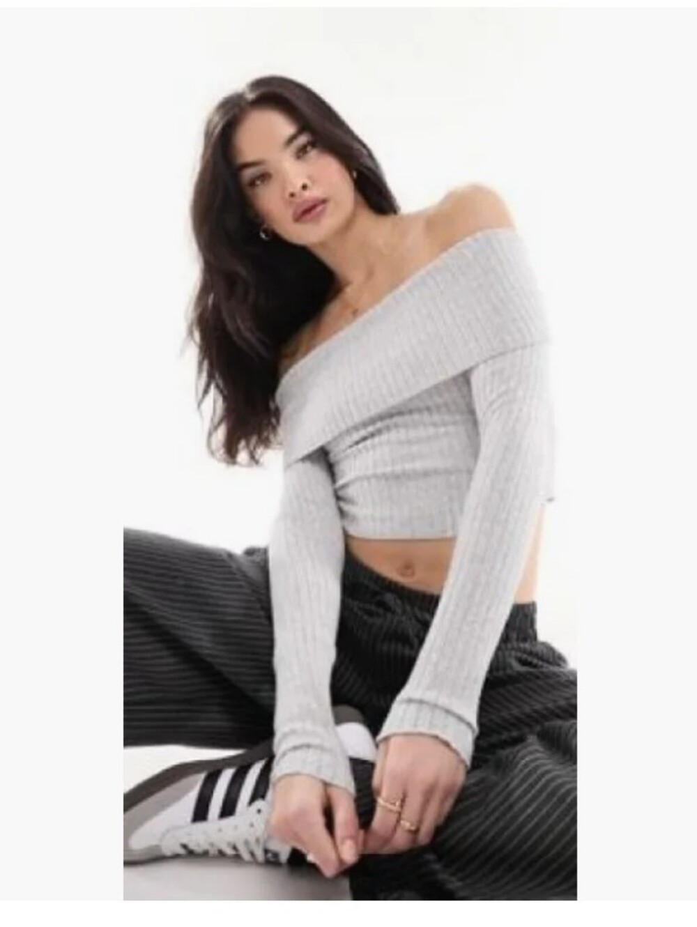 Bershka Off-the-Shoulder Ribbed Crop Top Sweater (White)